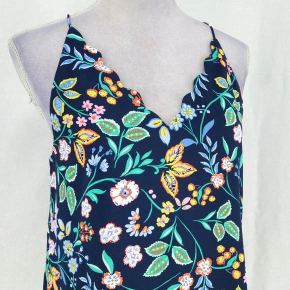 Loft Top Womens Small Blue Pink Floral Camisole Lined Blouse Scallop Neckline - Picture 6 of 11